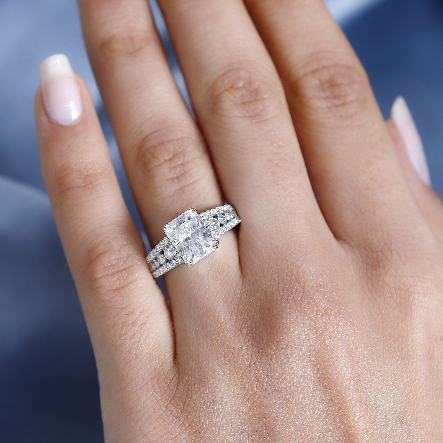 Radiant Cut Moissanite Ring in Platinum Over Sterling Silver (Size 10.0) 3.00 ctw
