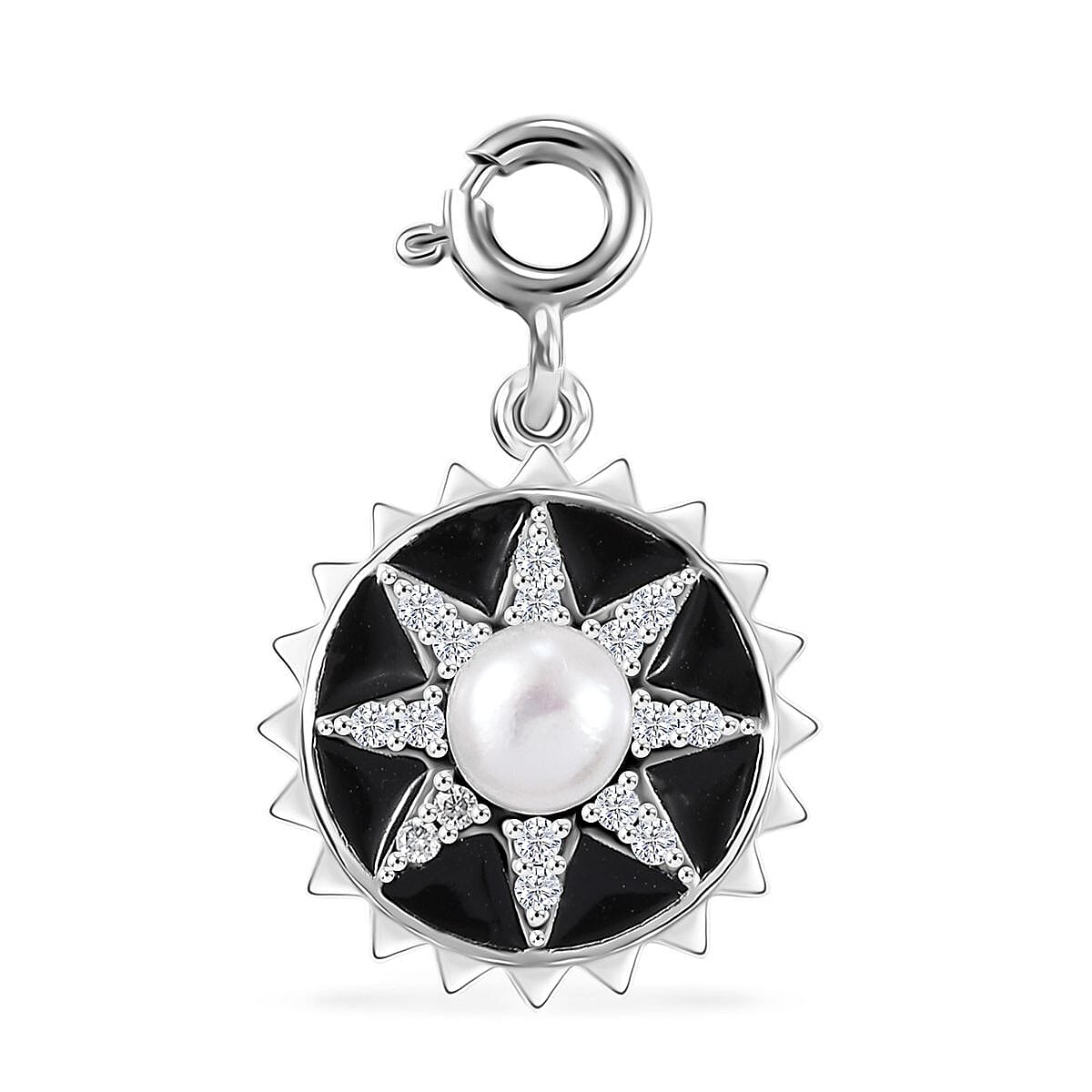 D'Joy White Pearl and Moissanite 0.20 ctw Charm in Platinum Over Sterling Silver