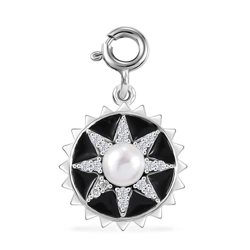D'Joy White Pearl and Moissanite 0.20 ctw Charm in Platinum Over Sterling Silver