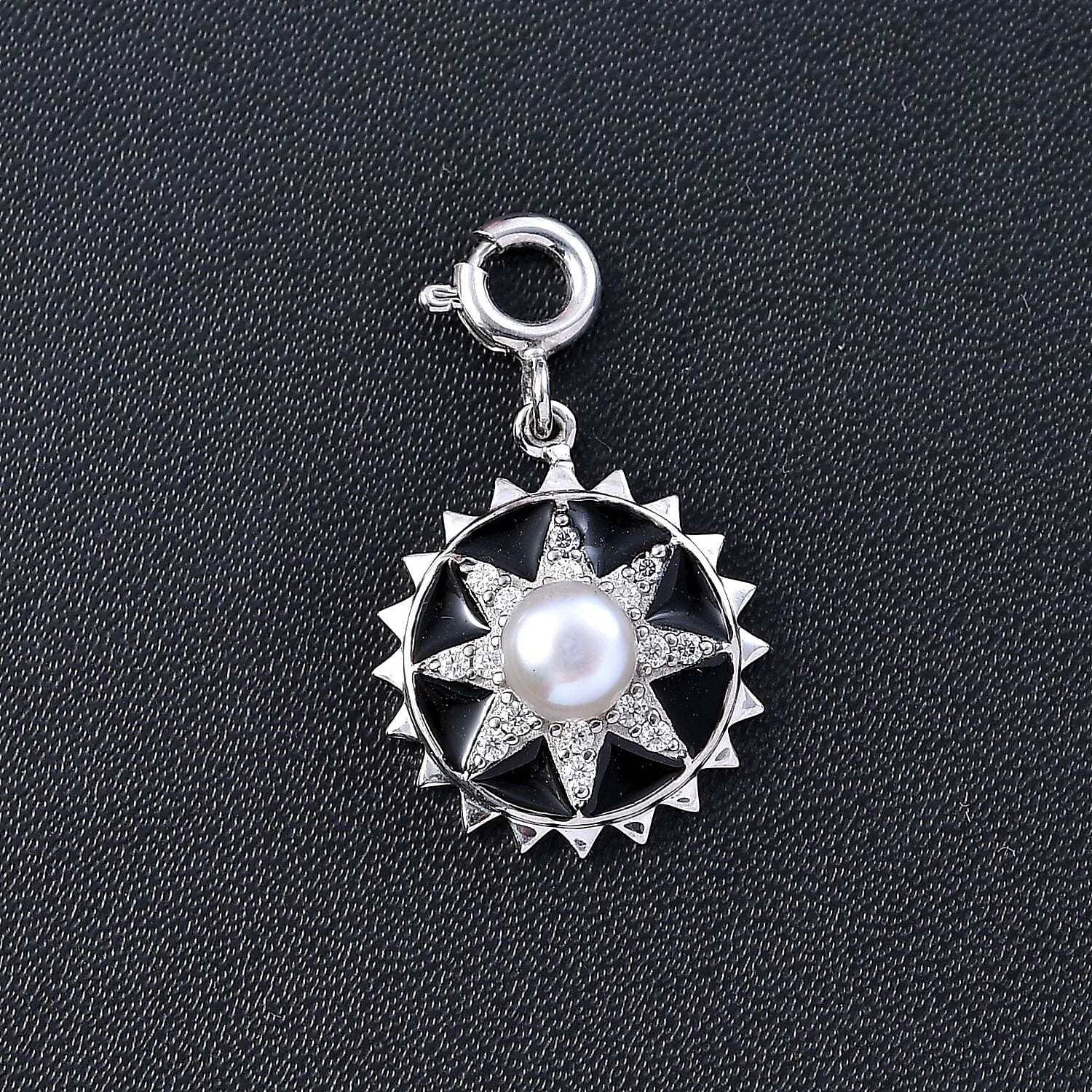 D'Joy White Pearl and Moissanite 0.20 ctw Charm in Platinum Over Sterling Silver