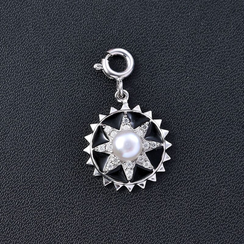 D'Joy White Pearl and Moissanite 0.20 ctw Charm in Platinum Over Sterling Silver