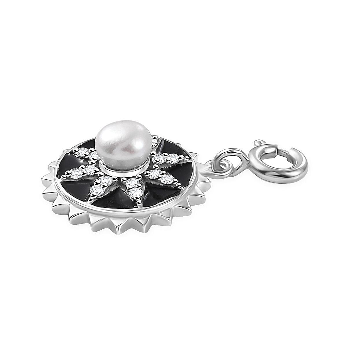 D'Joy White Pearl and Moissanite 0.20 ctw Charm in Platinum Over Sterling Silver