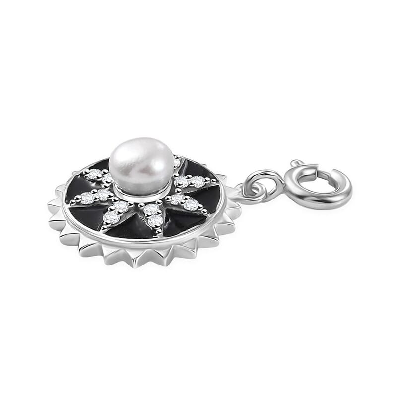 D'Joy White Pearl and Moissanite 0.20 ctw Charm in Platinum Over Sterling Silver