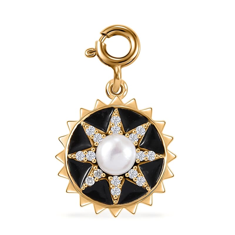 D'Joy White Pearl and Moissanite 0.20 ctw Charm in Vermeil Yellow Gold Over Sterling Silver