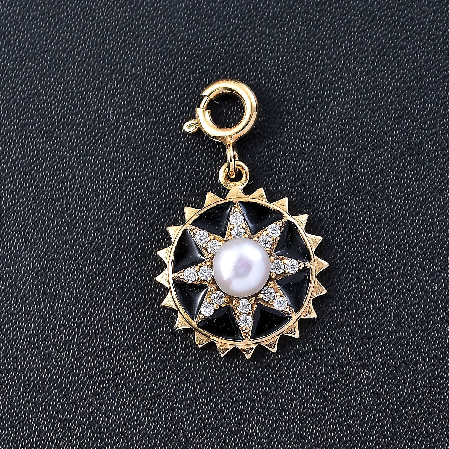 D'Joy White Pearl and Moissanite 0.20 ctw Charm in Vermeil Yellow Gold Over Sterling Silver