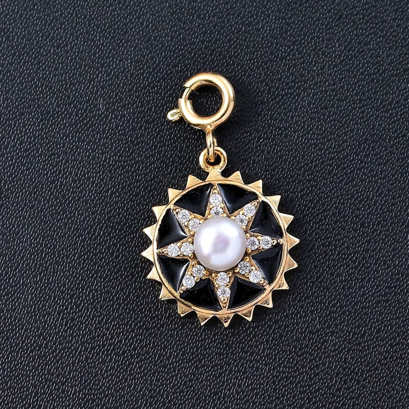 D'Joy White Pearl and Moissanite 0.20 ctw Charm in Vermeil Yellow Gold Over Sterling Silver