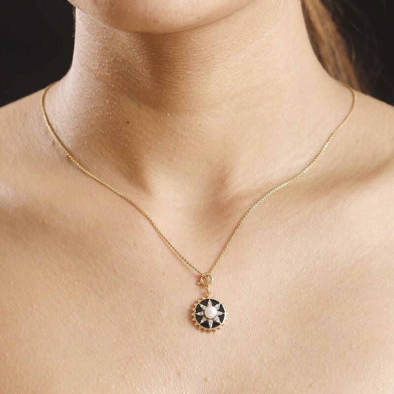 D'Joy White Pearl and Moissanite 0.20 ctw Charm in Vermeil Yellow Gold Over Sterling Silver