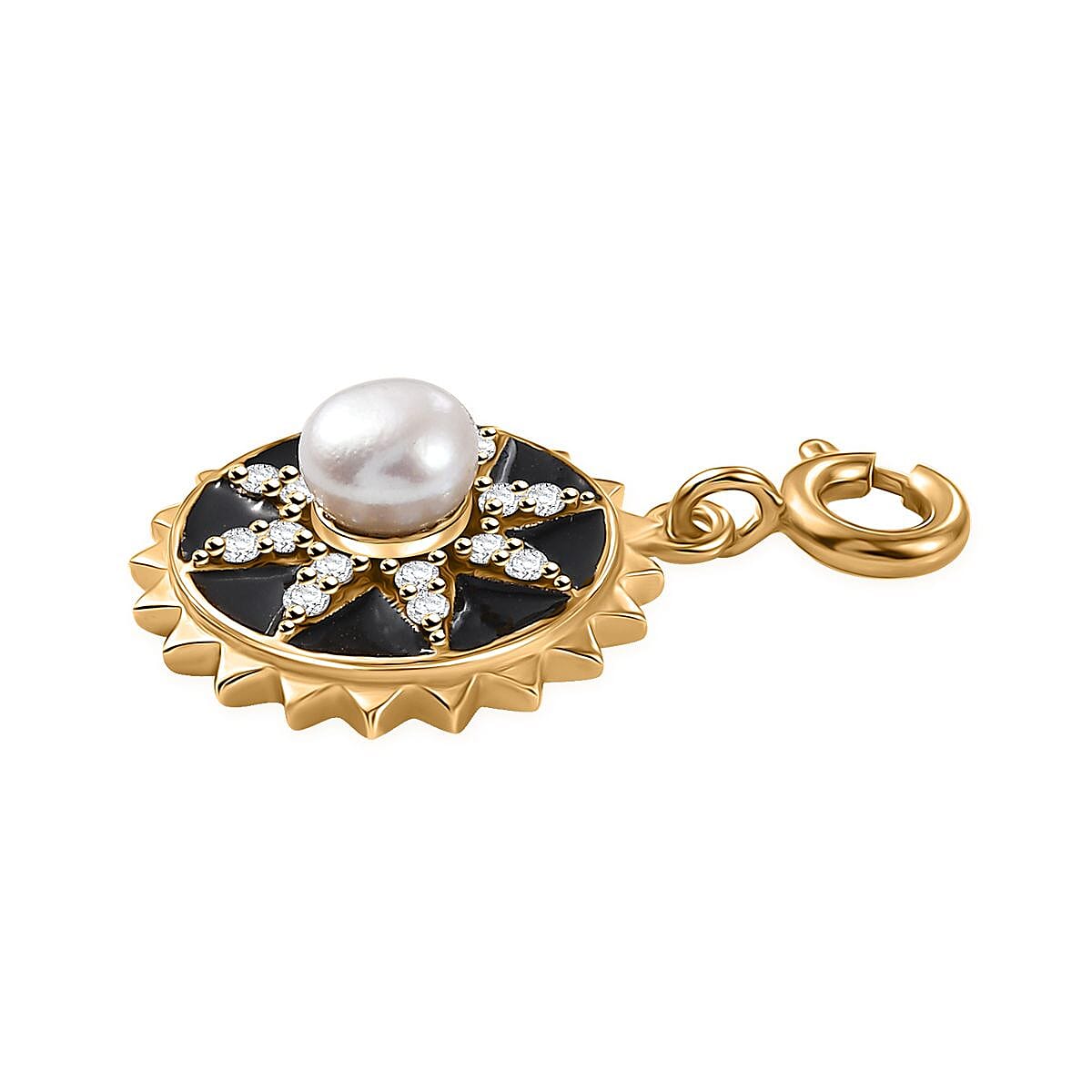 D'Joy White Pearl and Moissanite 0.20 ctw Charm in Vermeil Yellow Gold Over Sterling Silver