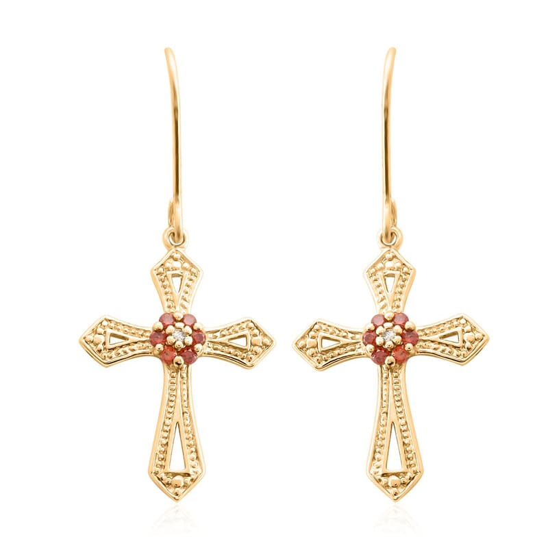 White and Garnet Color Austrian Crystal Cross Earrings in Goldtone