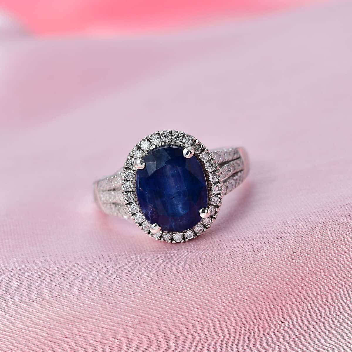 TLV Kashmir Blue Kyanite, Moissanite Halo Ring in Platinum Over Sterling Silver (Size 7.0) 5.20 ctw image number 1