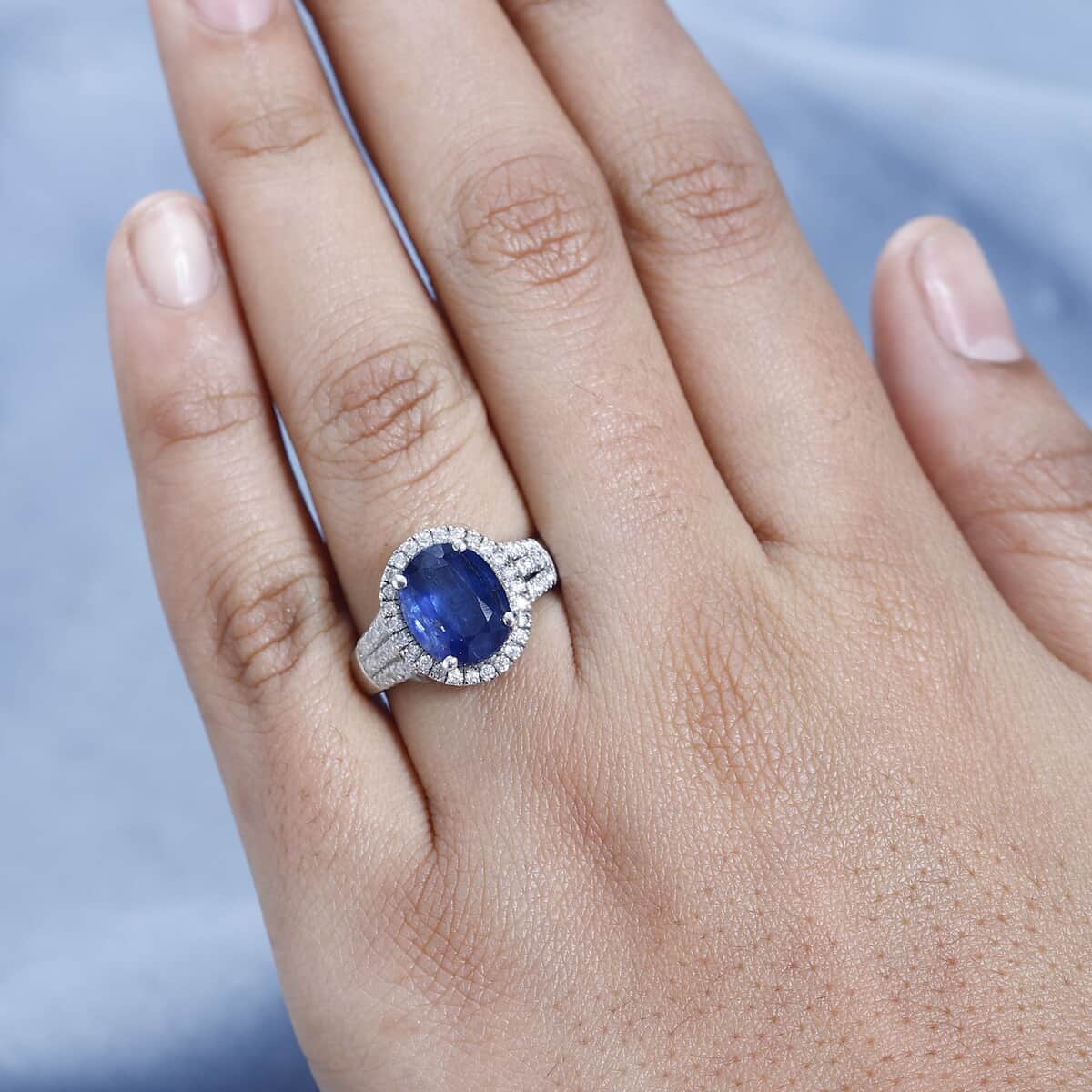 TLV Kashmir Blue Kyanite, Moissanite Halo Ring in Platinum Over Sterling Silver (Size 7.0) 5.20 ctw image number 2