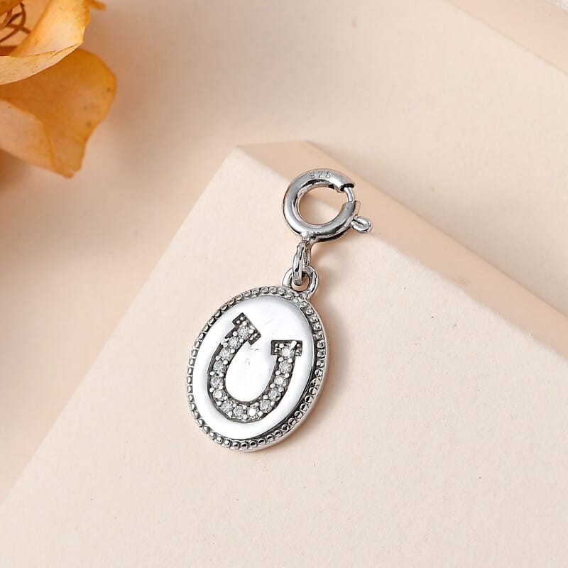Moissanite Lucky Horseshoe Charm in Platinum Over Sterling Silver 0.10 ctw