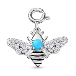 Sleeping Beauty Turquoise and Moissanite Bee Charm in Platinum Over Sterling Silver 0.60 ctw