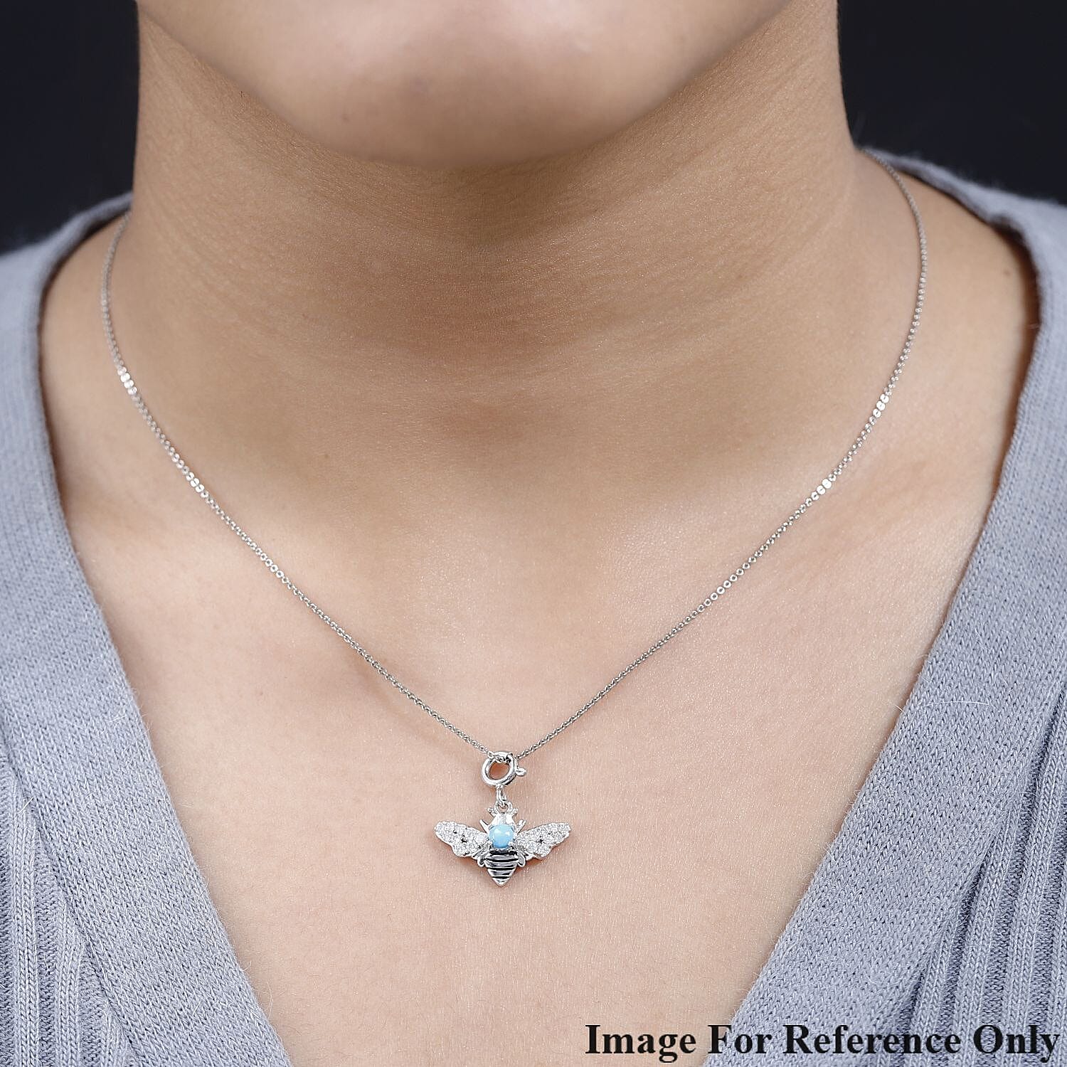 Sleeping Beauty Turquoise and Moissanite Bee Charm in Platinum Over Sterling Silver 0.60 ctw