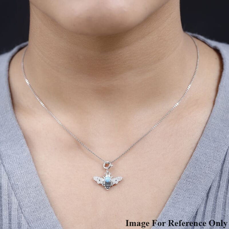 Sleeping Beauty Turquoise and Moissanite Bee Charm in Platinum Over Sterling Silver 0.60 ctw