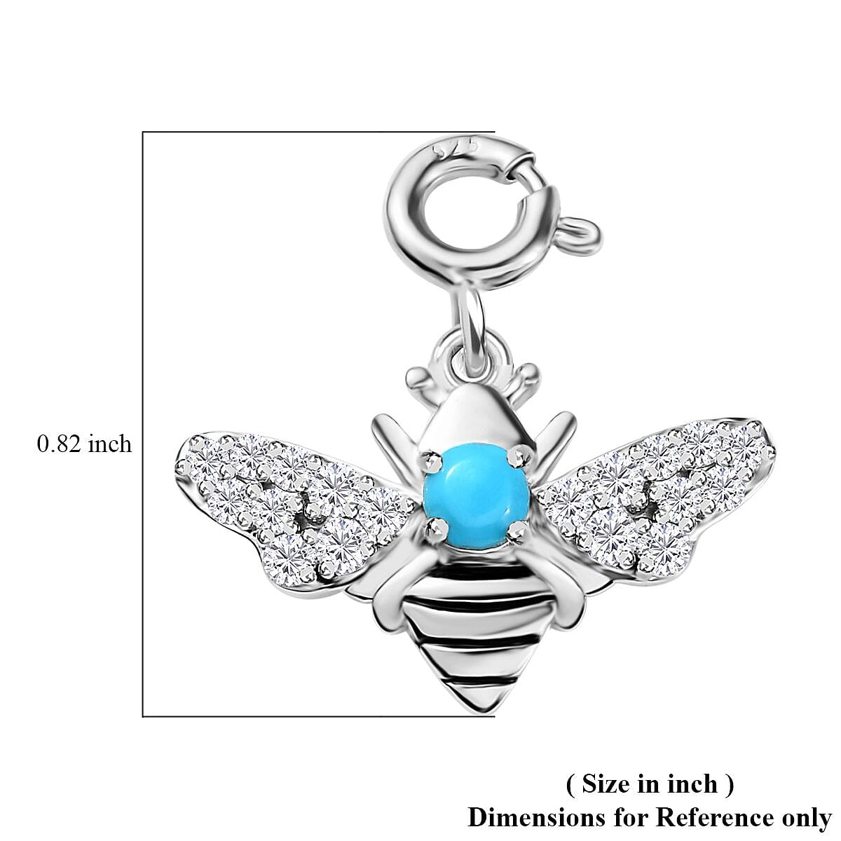 Sleeping Beauty Turquoise and Moissanite Bee Charm in Platinum Over Sterling Silver 0.60 ctw