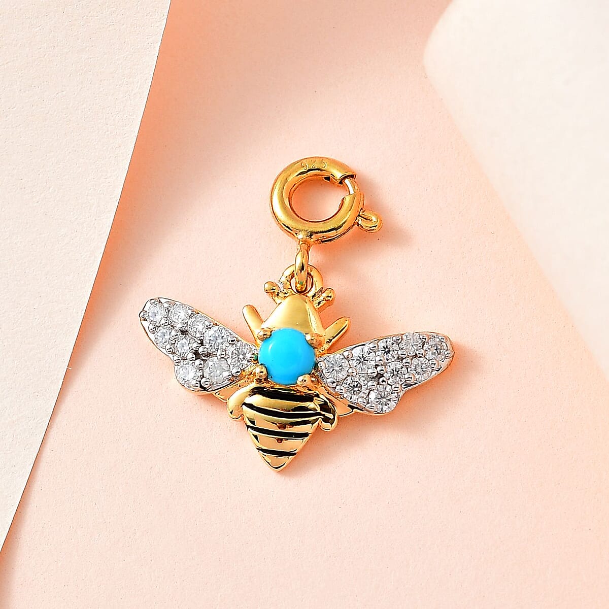 Sleeping Beauty Turquoise and Moissanite Bee Charm in Vermeil Yellow Gold Over Sterling Silver 0.60 ctw image number 1