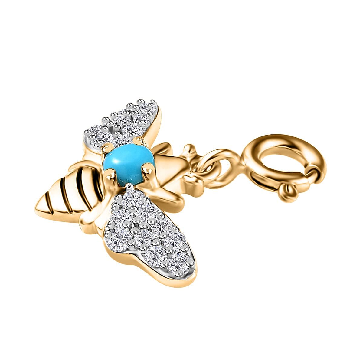 Sleeping Beauty Turquoise and Moissanite Bee Charm in Vermeil Yellow Gold Over Sterling Silver 0.60 ctw image number 3