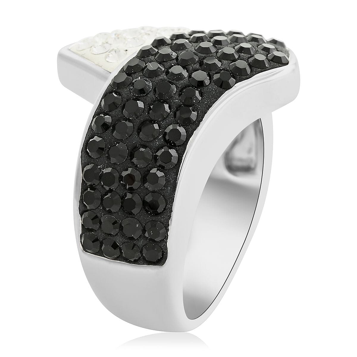 White and Black Austrian Crystal Ring in Silvertone (Size 7.0) image number 3