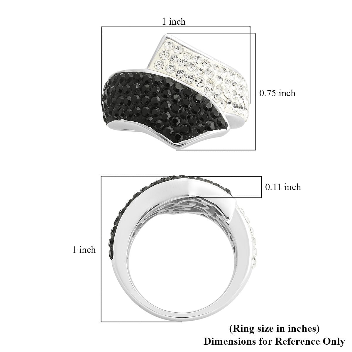 White and Black Austrian Crystal Ring in Silvertone (Size 7.0) image number 5