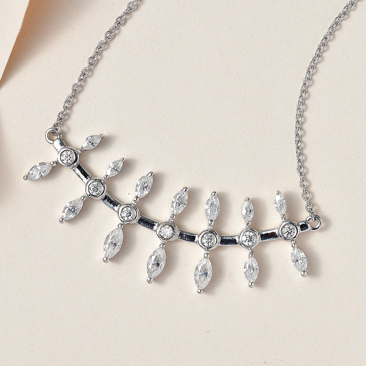 Moissanite Fish Bone Statement Necklace 18 Inches in Platinum Over Sterling Silver 2.10 ctw