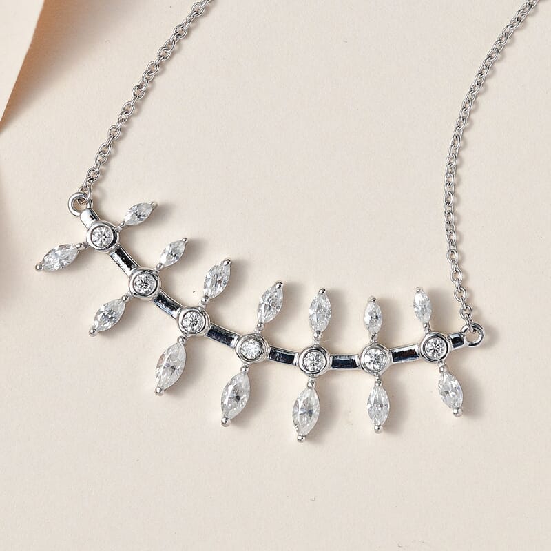 Moissanite Fish Bone Statement Necklace 18 Inches in Platinum Over Sterling Silver 2.10 ctw