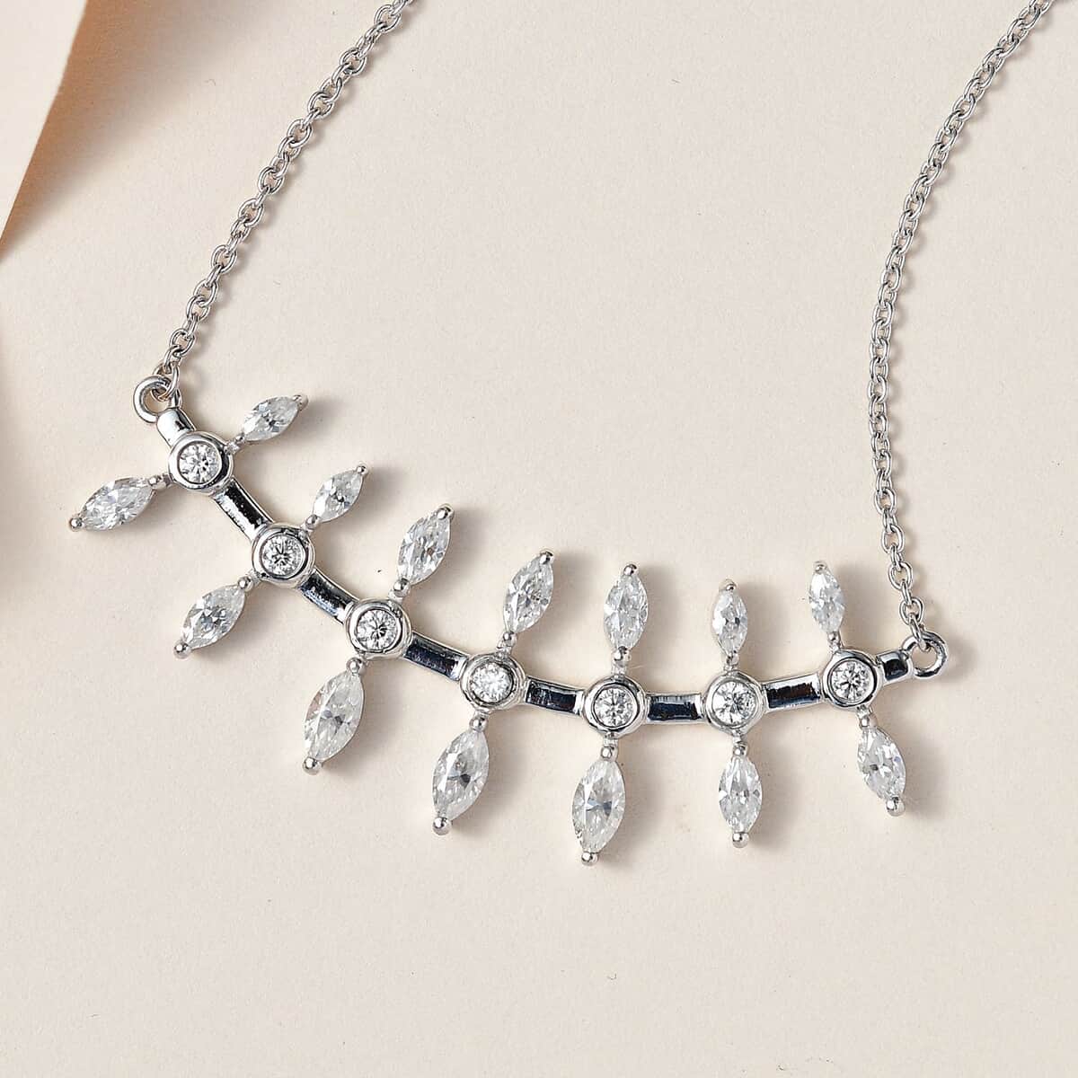Moissanite Fish Bone Statement Necklace 18 Inches in Platinum Over Sterling Silver 2.10 ctw image number 1