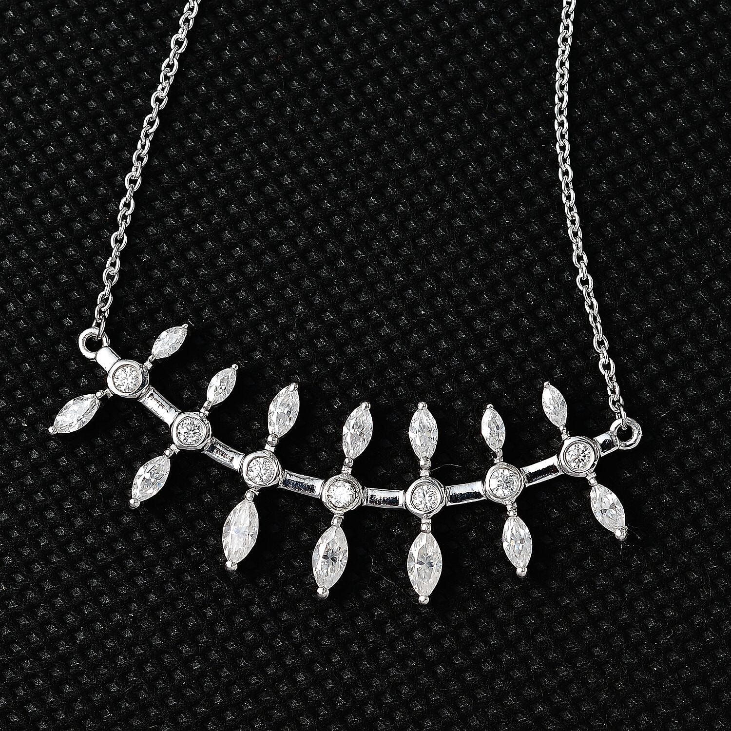 Moissanite Fish Bone Statement Necklace 18 Inches in Platinum Over Sterling Silver 2.10 ctw