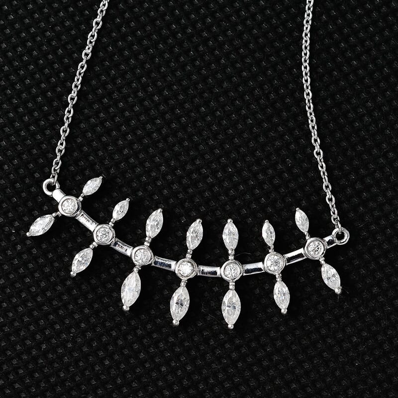 Moissanite Fish Bone Statement Necklace 18 Inches in Platinum Over Sterling Silver 2.10 ctw