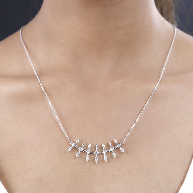 Moissanite Fish Bone Statement Necklace 18 Inches in Platinum Over Sterling Silver 2.10 ctw