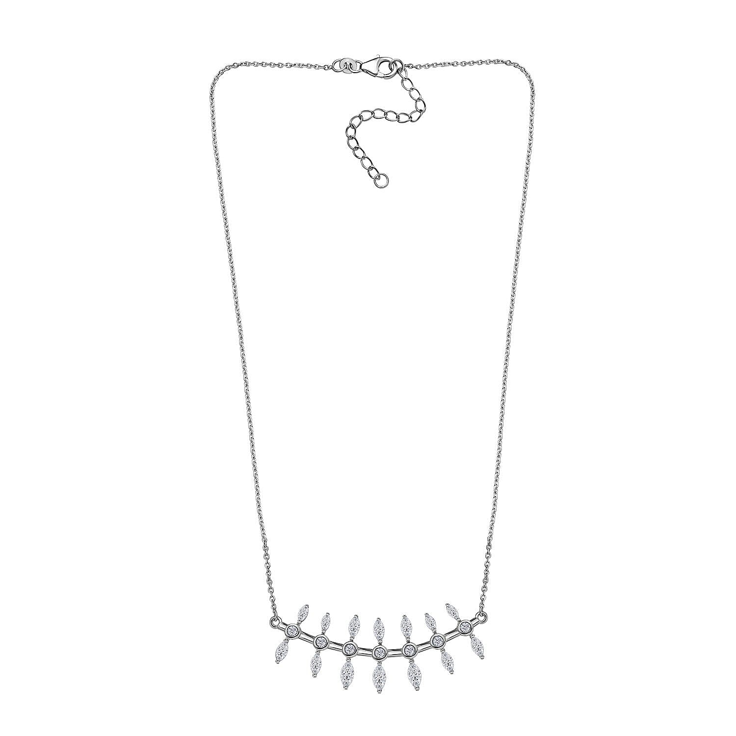 Moissanite Fish Bone Statement Necklace 18 Inches in Platinum Over Sterling Silver 2.10 ctw