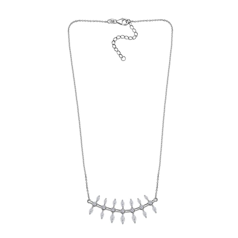 Moissanite Fish Bone Statement Necklace 18 Inches in Platinum Over Sterling Silver 2.10 ctw