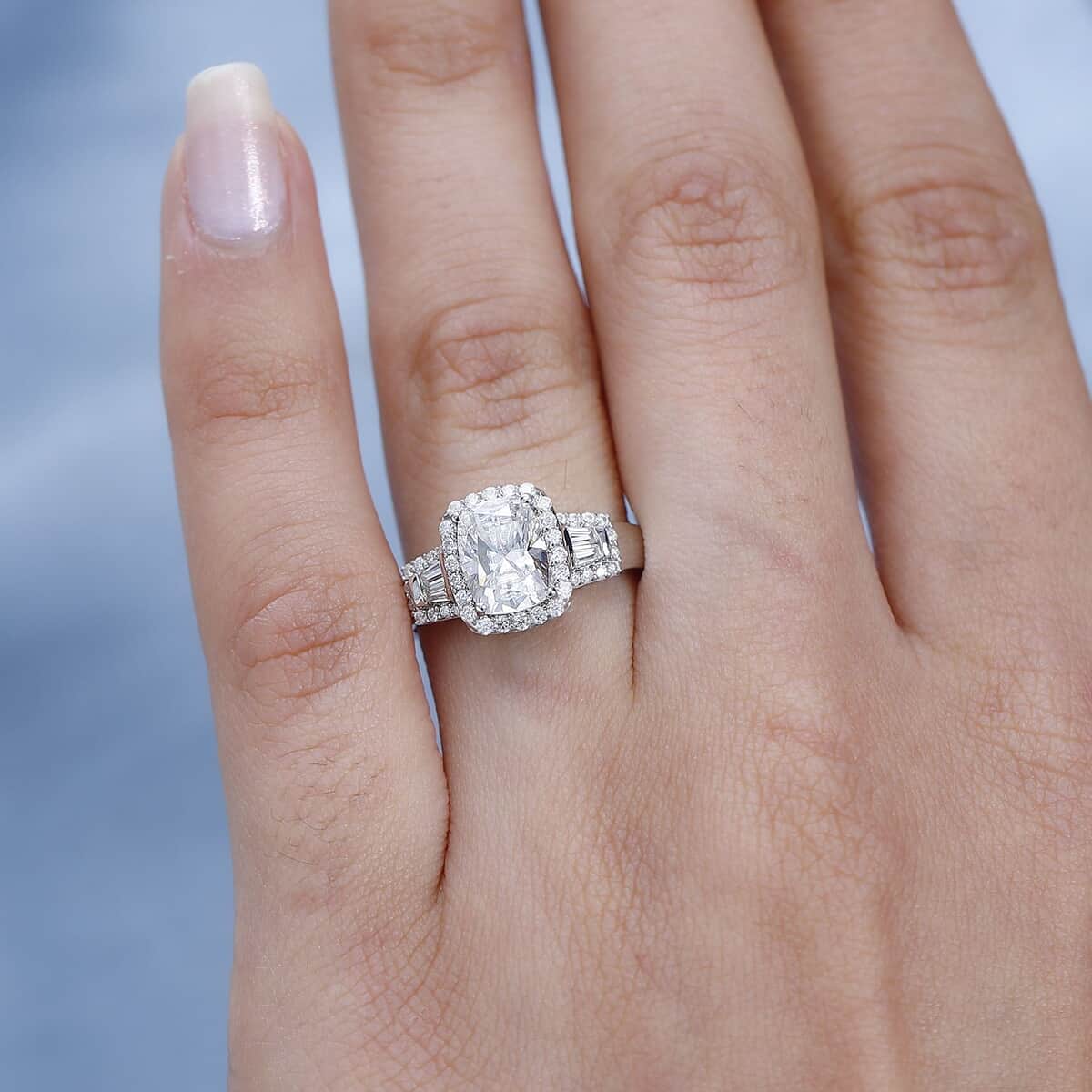 Moissanite Halo Ring in Platinum Over Sterling Silver (Size 8.0) 2.00 ctw image number 2