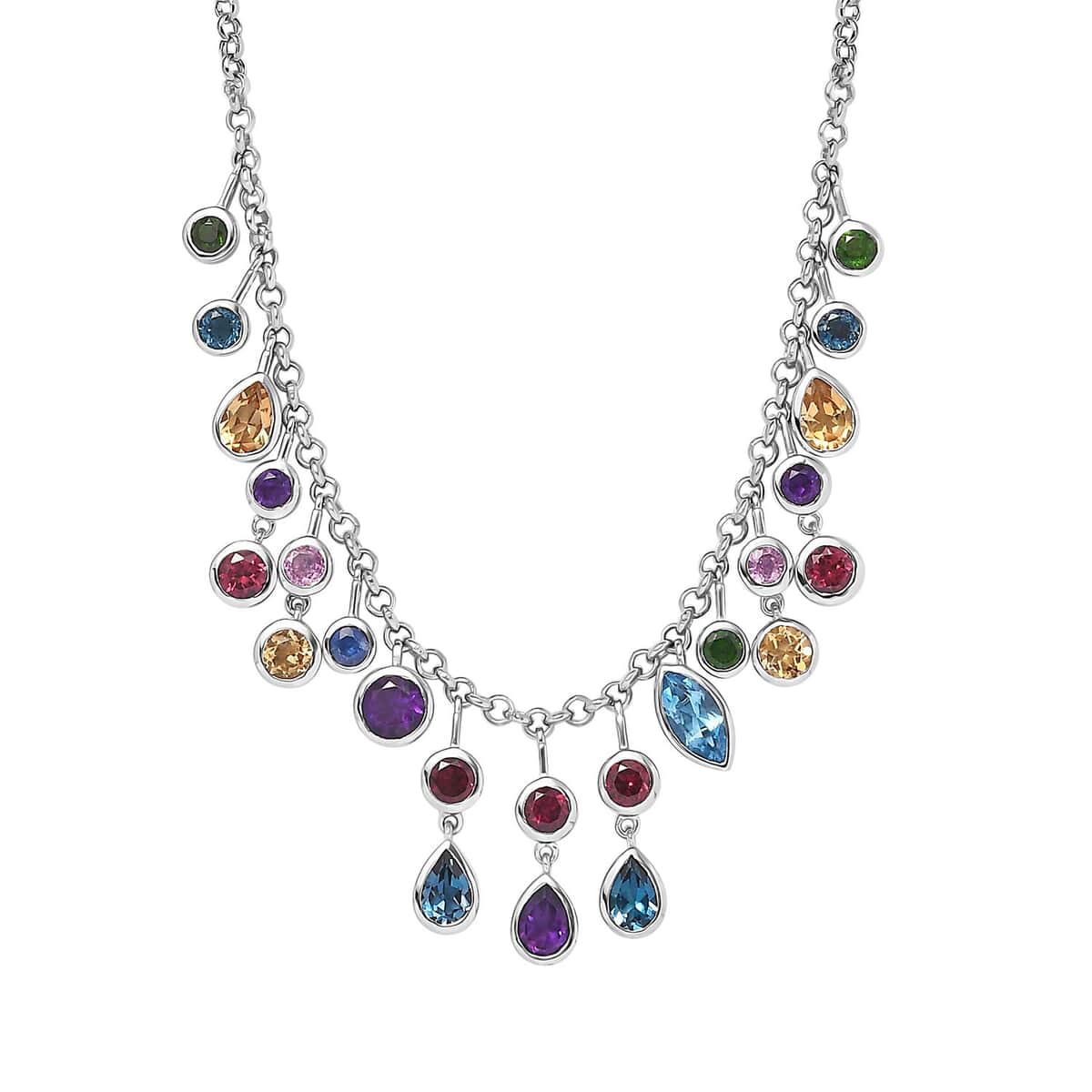 Multi Gemstone Mixed Shapes Rainbow Station Drop Statement Necklace 18 Inches in Platinum Over Sterling Silver 12.60 ctw image number 0