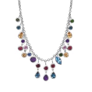 Multi Gemstone Mixed Shapes Rainbow Station Drop Statement Necklace 18 Inches in Platinum Over Sterling Silver 12.60 ctw