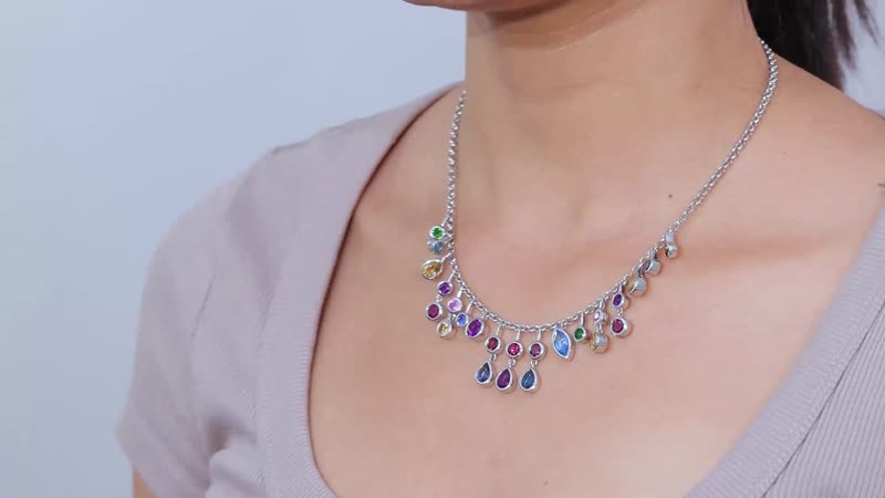 Multi Gemstone Mixed Shapes Rainbow Station Drop Statement Necklace 18 Inches in Platinum Over Sterling Silver 12.60 ctw
