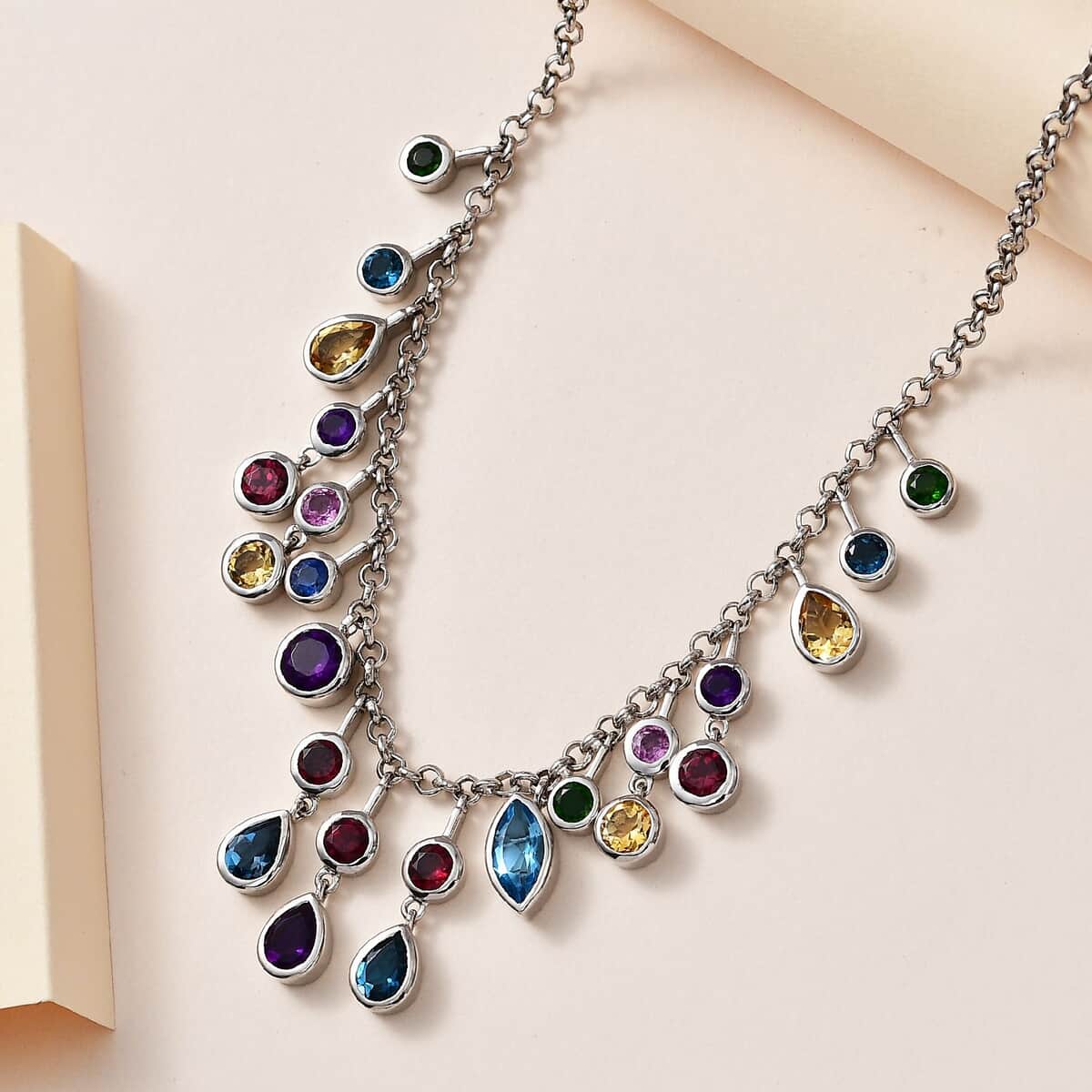 Multi Gemstone Mixed Shapes Rainbow Station Drop Statement Necklace 18 Inches in Platinum Over Sterling Silver 12.60 ctw image number 1