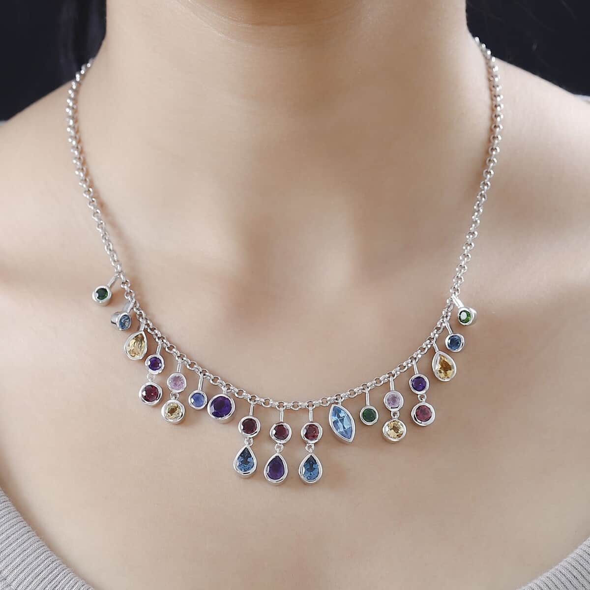 Multi Gemstone Mixed Shapes Rainbow Station Drop Statement Necklace 18 Inches in Platinum Over Sterling Silver 12.60 ctw image number 2