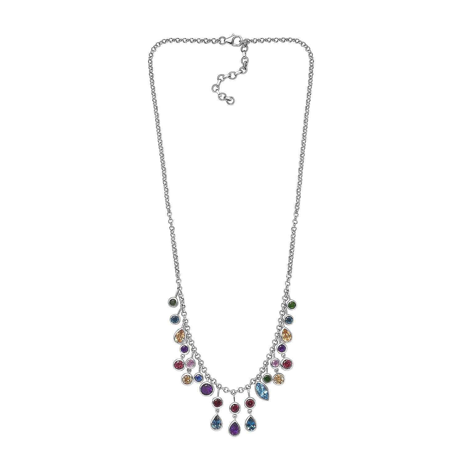 Multi Gemstone Mixed Shapes Rainbow Station Drop Statement Necklace 18 Inches in Platinum Over Sterling Silver 12.60 ctw