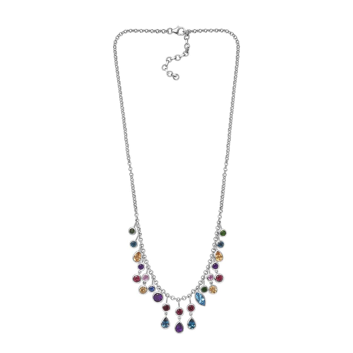 Multi Gemstone Mixed Shapes Rainbow Station Drop Statement Necklace 18 Inches in Platinum Over Sterling Silver 12.60 ctw image number 3