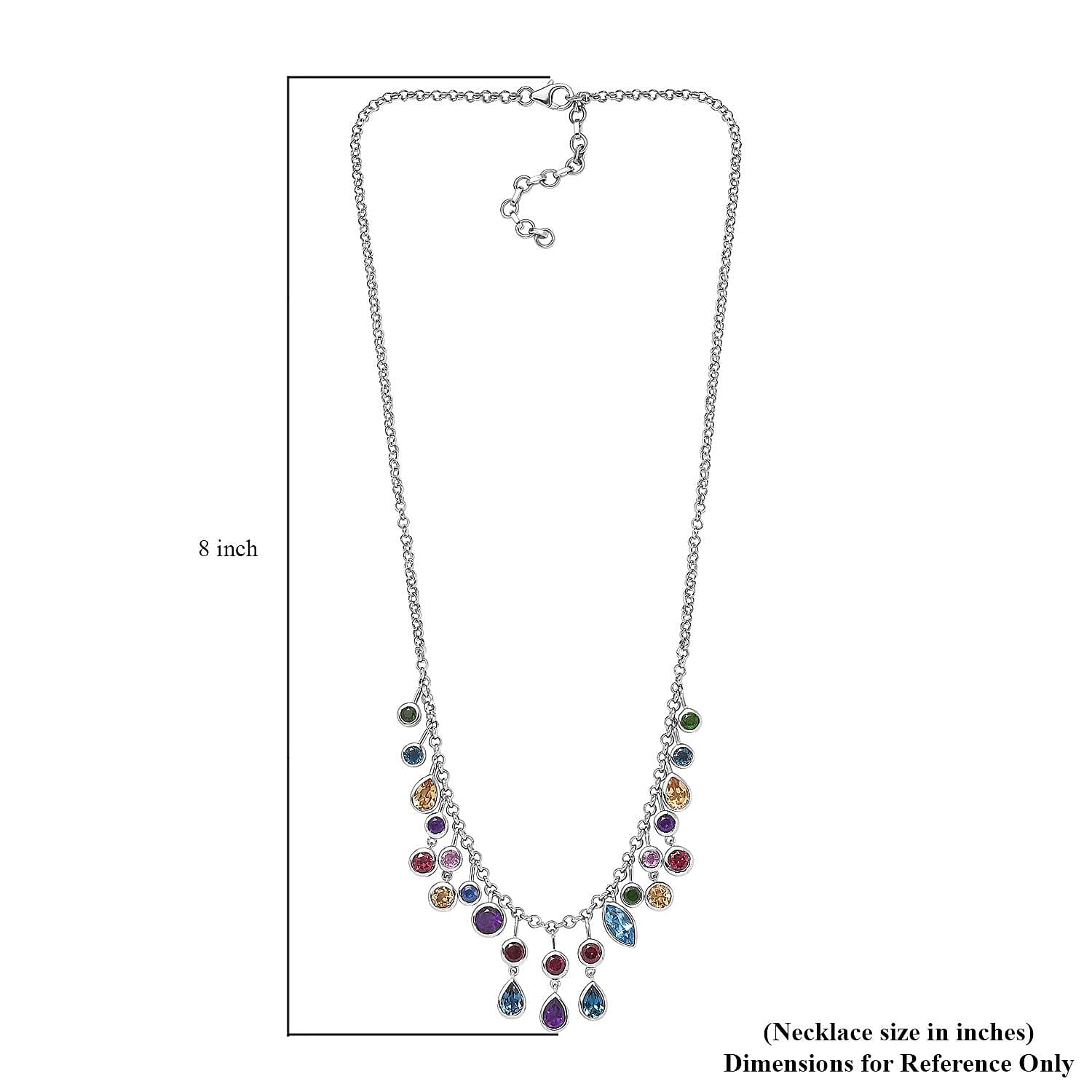 Multi Gemstone Mixed Shapes Rainbow Station Drop Statement Necklace 18 Inches in Platinum Over Sterling Silver 12.60 ctw