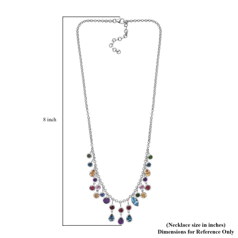 Multi Gemstone Mixed Shapes Rainbow Station Drop Statement Necklace 18 Inches in Platinum Over Sterling Silver 12.60 ctw