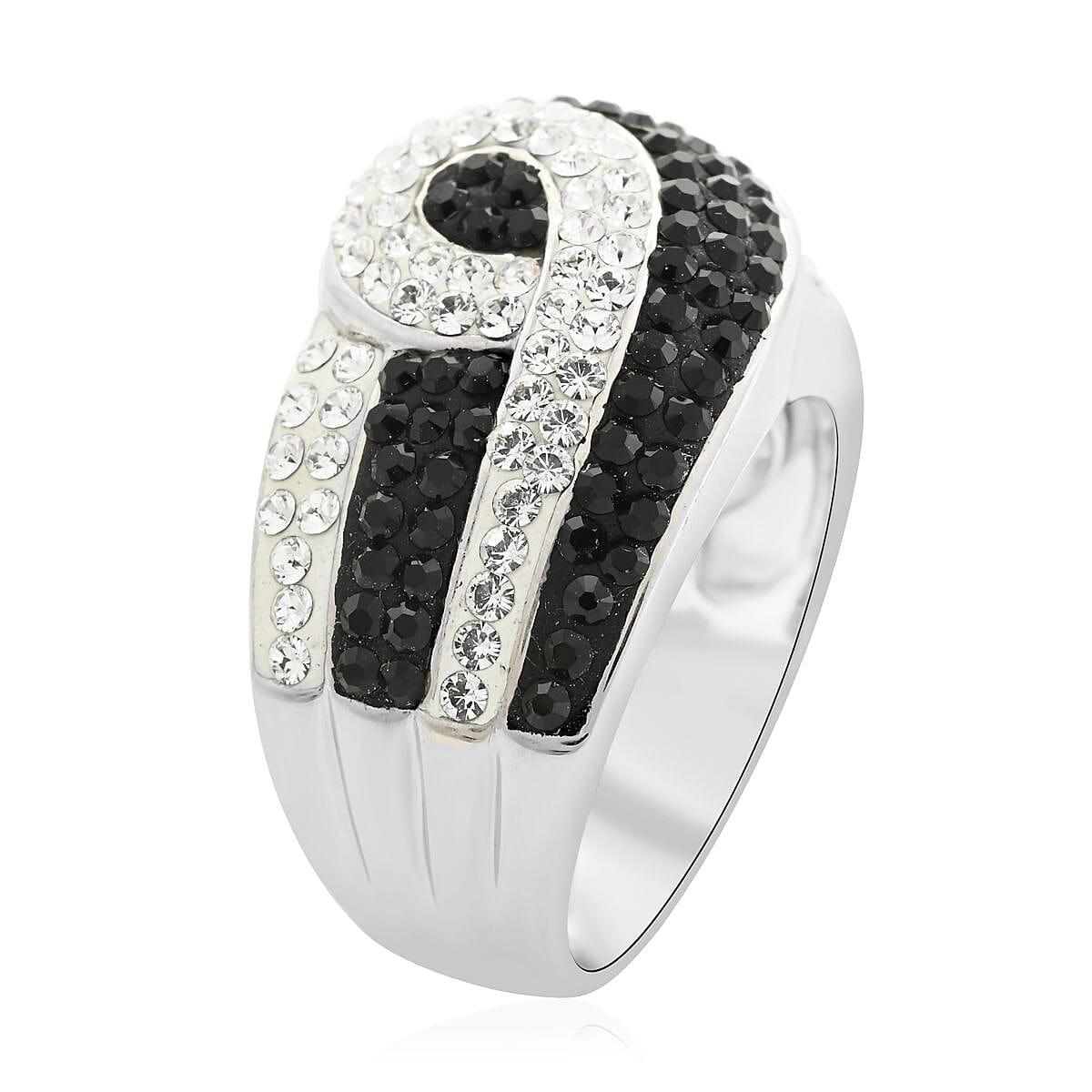 White and Black Austrian Crystal Ring in Silvertone (Size 8.0)