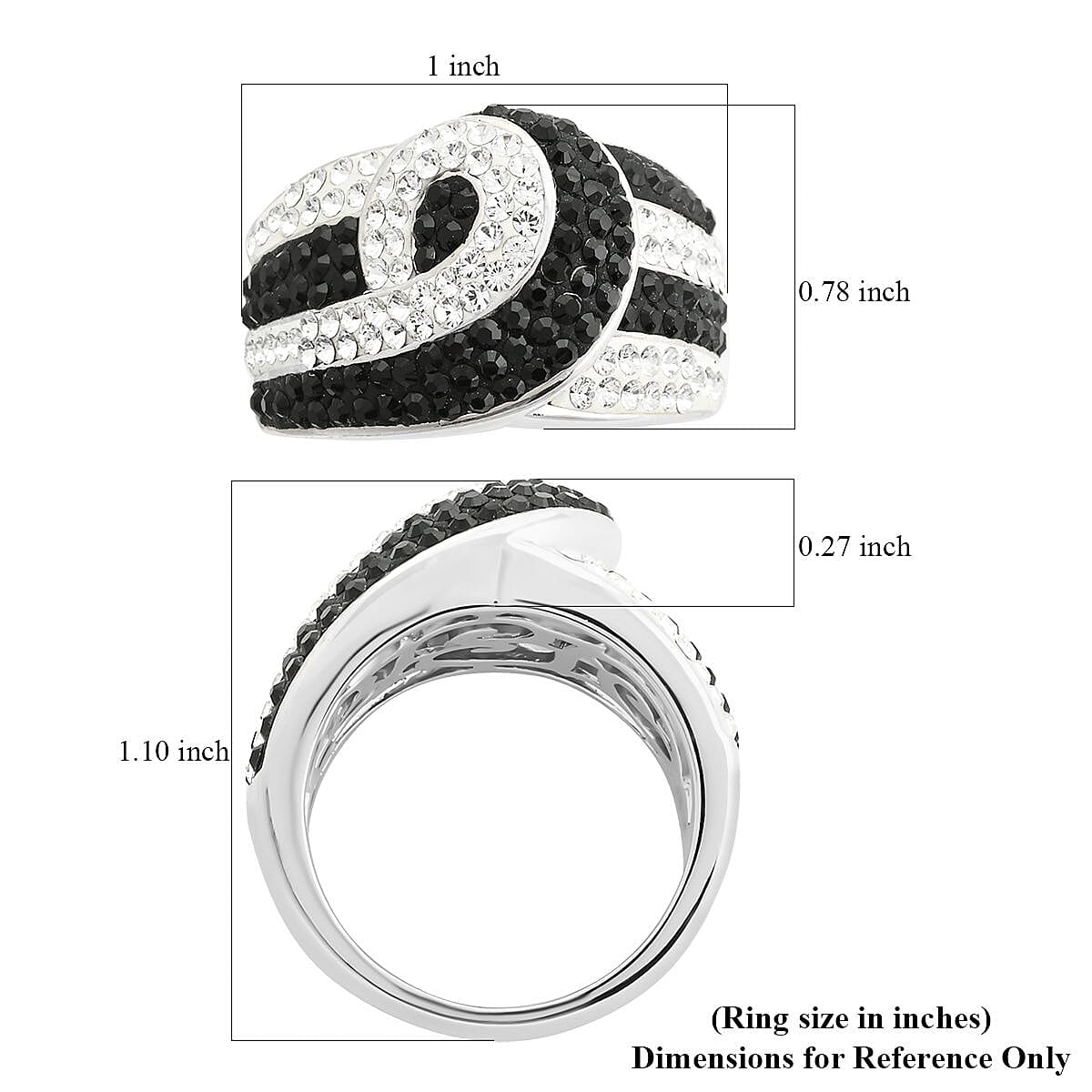 White and Black Austrian Crystal Ring in Silvertone (Size 8.0)