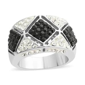 Black and White Austrian Crystal Ring in Silvertone (Size 7.0)