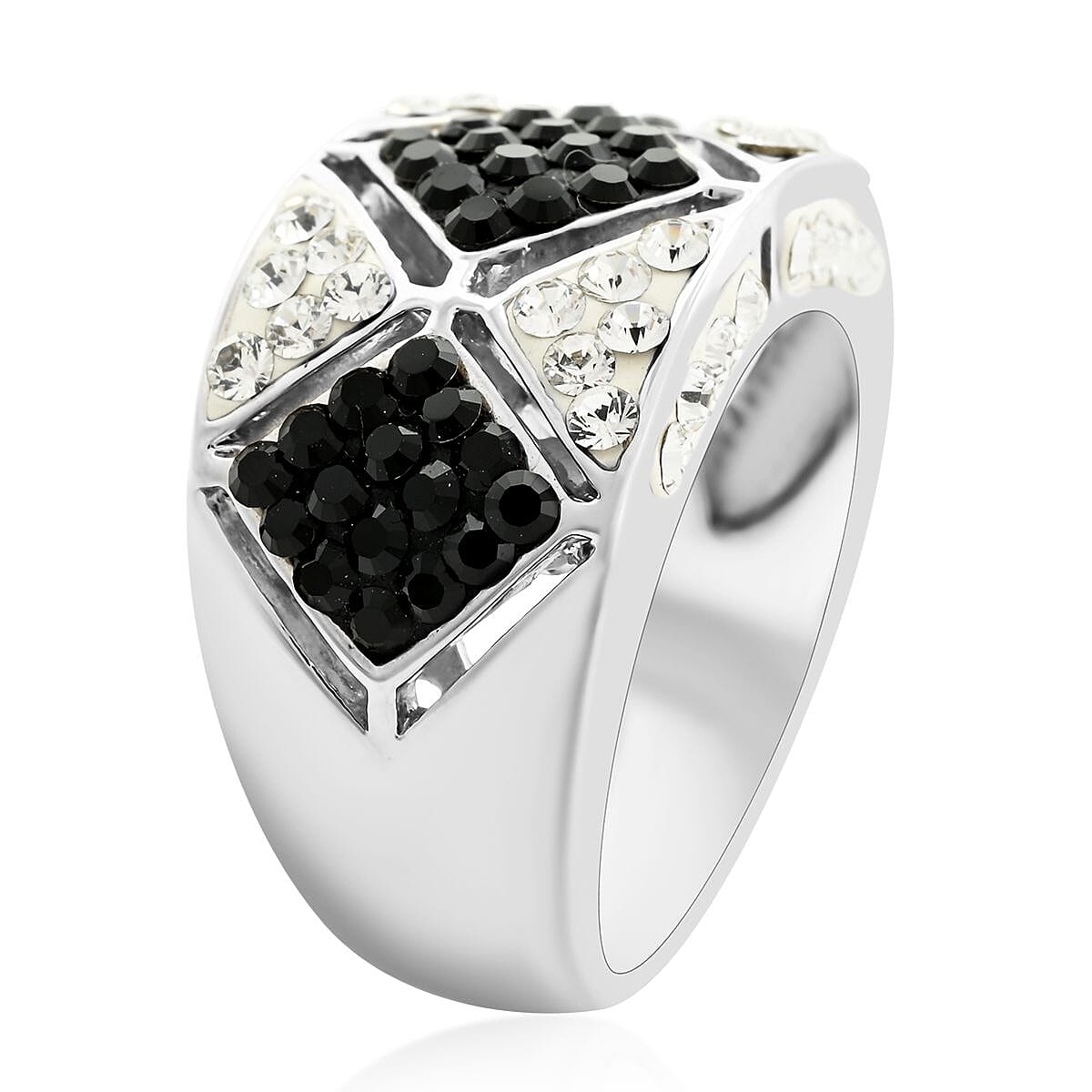 Black and White Austrian Crystal Ring in Silvertone (Size 7.0)
