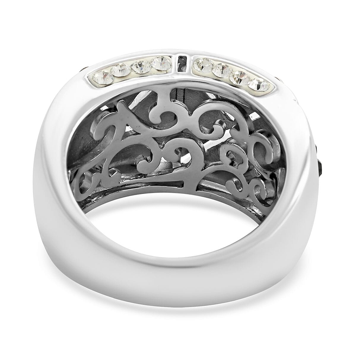 Black and White Austrian Crystal Ring in Silvertone (Size 7.0)