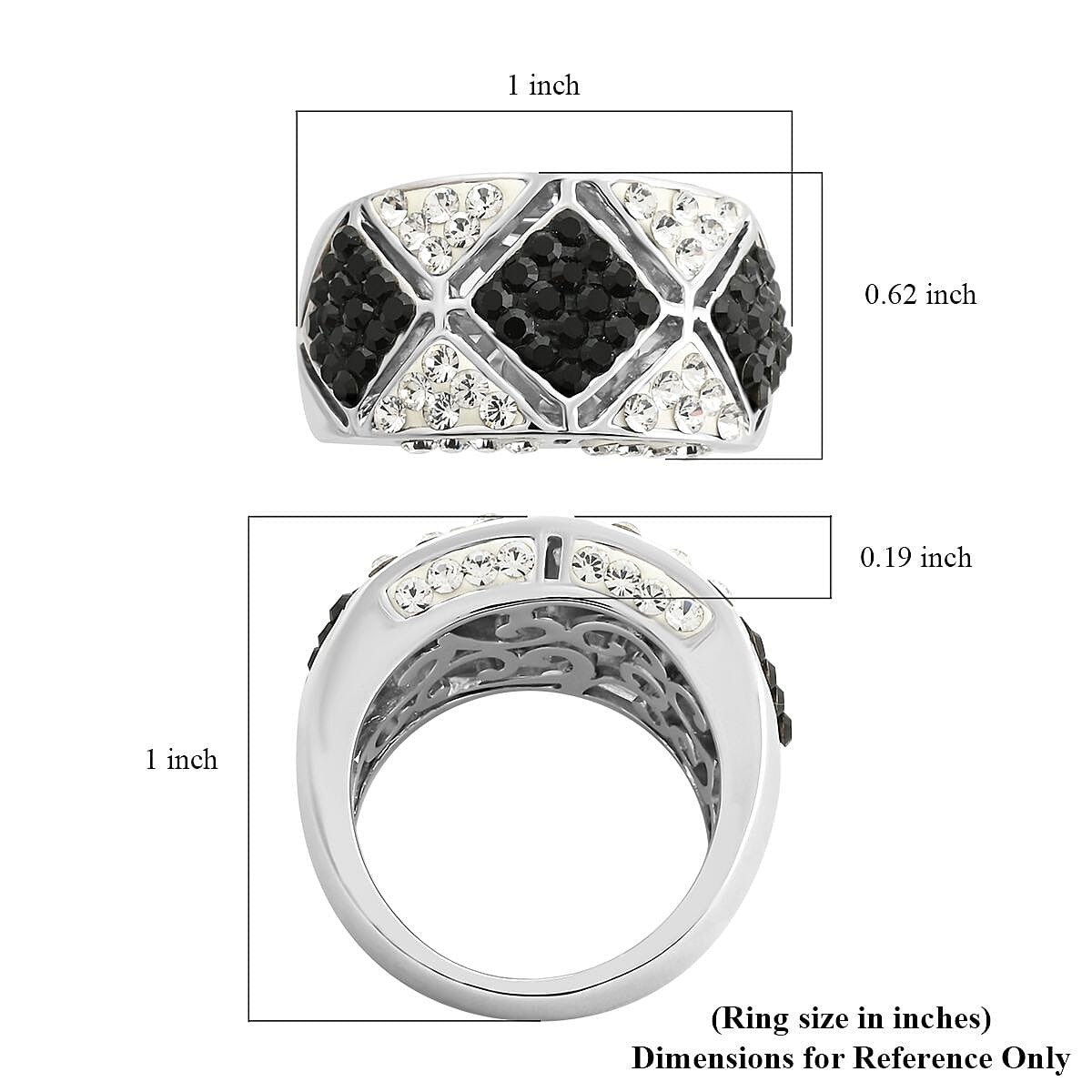 Black and White Austrian Crystal Ring in Silvertone (Size 7.0)