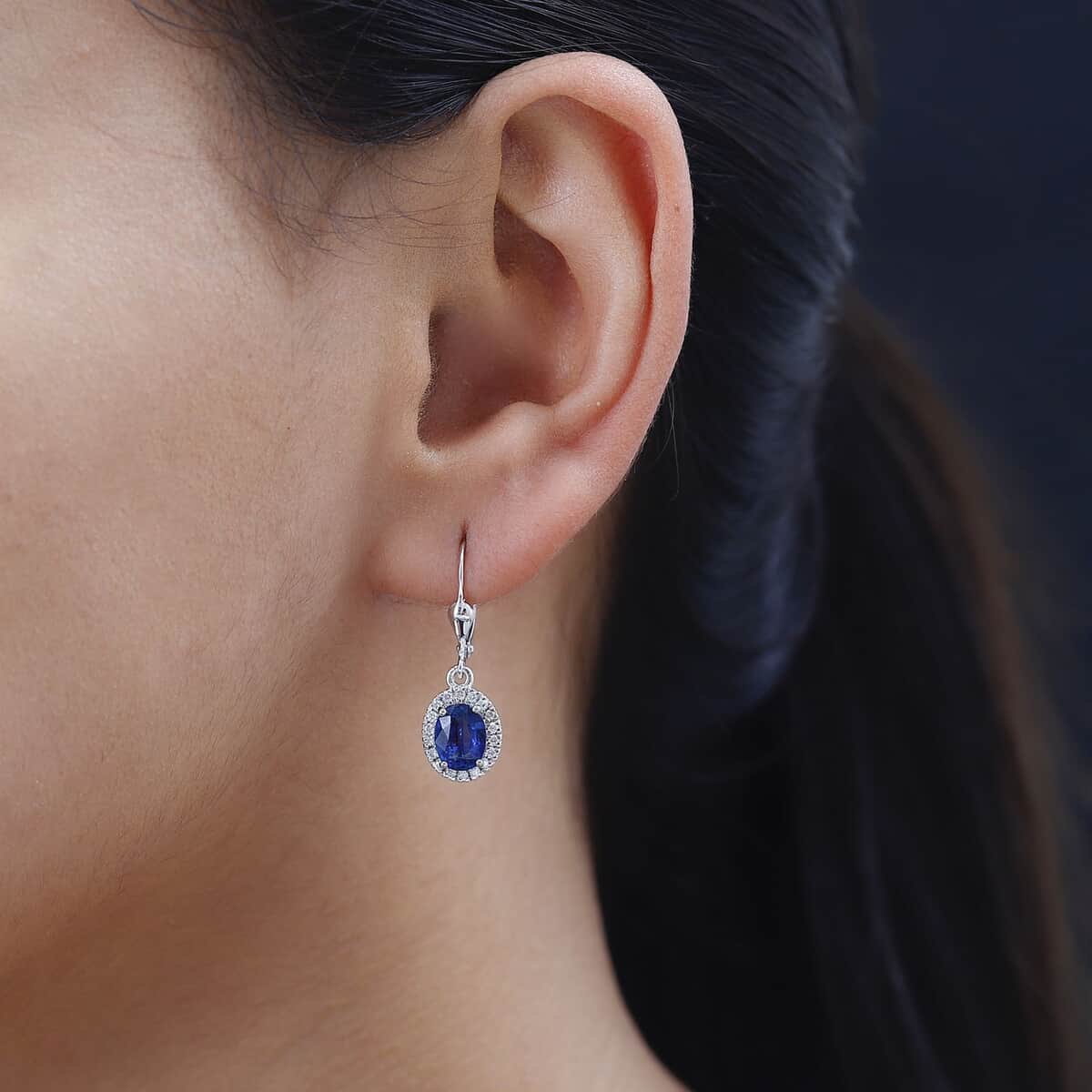 TLV Kashmir Blue Kyanite, Moissanite Lever Back Earrings in Platinum Over Sterling Silver 3.60 ctw image number 2