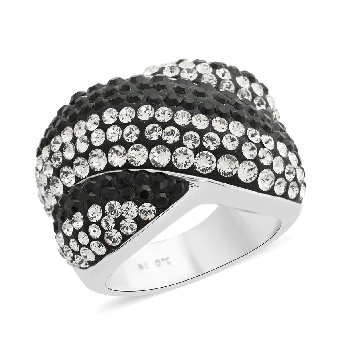 White and Black Austrian Crystal Ring in Silvertone (Size 7.0) image number 0